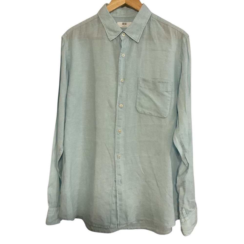 Uniqlo linen Soft Blue Casual Button Down Shirt size‎ L oversized